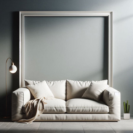 Interior of modern living room with gray walls, tiled floor, comfortable white sofa and lamp. 3d...