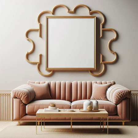 Interior of living room with beige sofa, coffee table and golden frames. 3d render