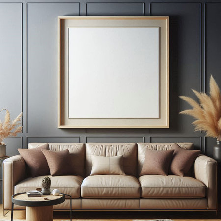 Mock up poster frame in interior background, 3d render illustrationの写真素材