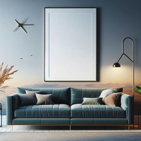 Modern living room interior with blue sofa, coffee table and empty poster on wall. 3D Renderingの写真素材