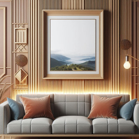 Interior of modern living room with wooden walls, concrete floor, gray sofa with cushions and mock up poster frame. 3d renderingの写真素材