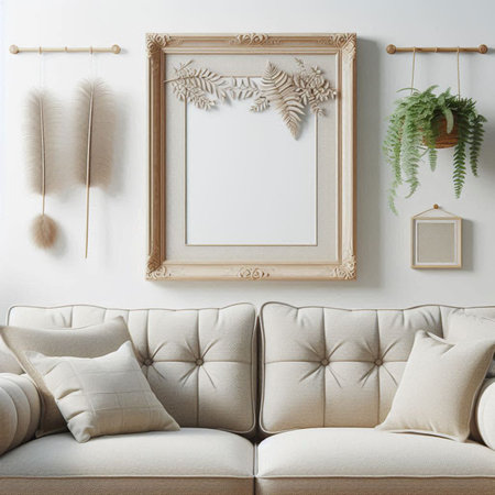 Interior of living room with beige sofa, mock up poster frame and plants. 3d render