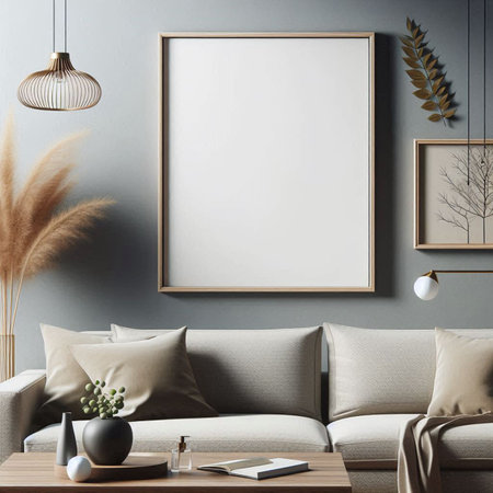 Mock up poster frame in interior background, Scandinavian style, 3D renderの写真素材