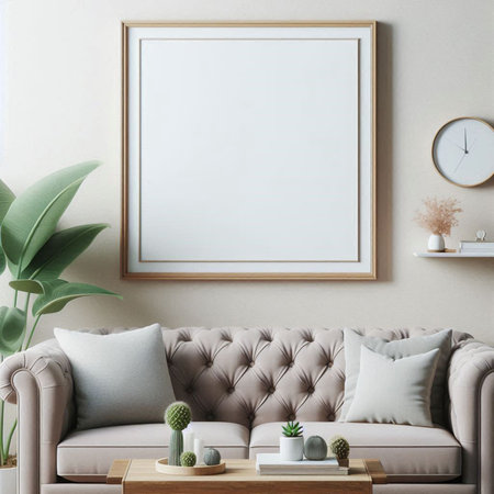 Interior of living room with beige sofa, coffee table and mock up poster frame. 3d render