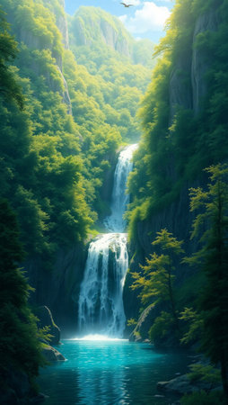 Beautiful waterfall in the forest. Beautiful landscape with a waterfall in the mountains.