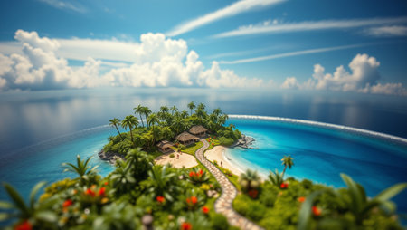 tropical island atoll in Maldives with few palm trees and blue lagoon