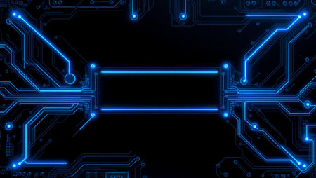 Circuit board with blue neon lights. Technology background. 3d rendering