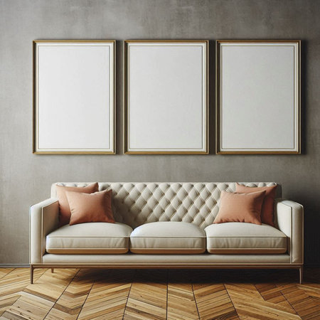 Interior of modern living room with beige sofa, wooden floor and blank frames. Mock up, 3D Rendering