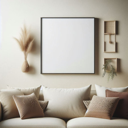 Interior of living room with beige sofa, pillows and empty poster. 3d render