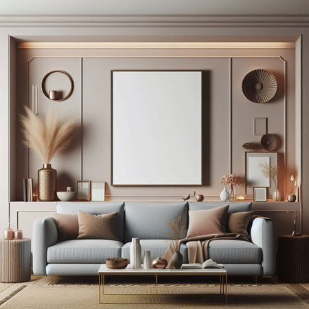 Mock up poster frame in Scandinavian style living room interior. 3d render