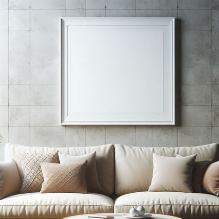 Modern living room interior with empty picture frame. Mock up, 3D Rendering
