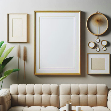 Mock up poster frame in interior background, 3d render illustrationの写真素材