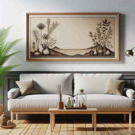 Interior of modern living room with brown sofa, coffee table and plants. 3d render