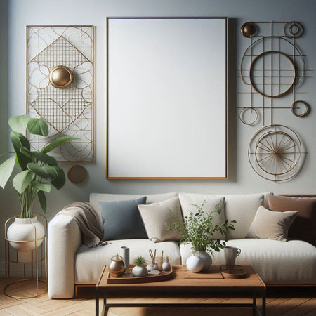Mock up poster frame in interior background, Scandinavian style, 3D render
