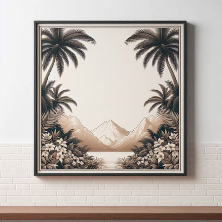3d render of a frame with a tropical landscape on the wall