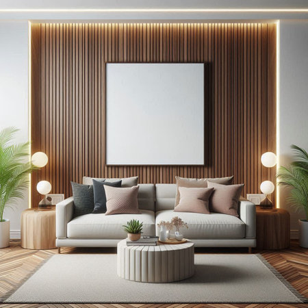 Interior of modern living room with brown wooden walls, carpet, beige sofa and vertical mock up...