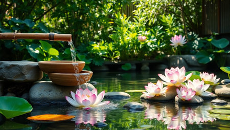 Water lily in the pond and wooden bowl with wooden spoon.の写真素材
