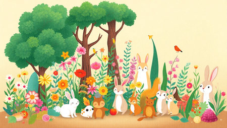 Easter background with rabbit, chicken, bunny, eggs and flowersの写真素材