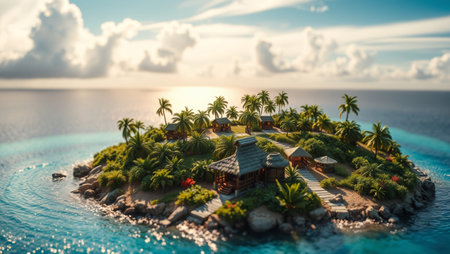 Small island with palm trees and bungalows. 3d renderの写真素材