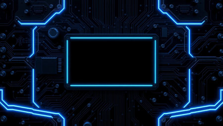 Circuit board with blue neon lights. Technology background. 3d rendering
