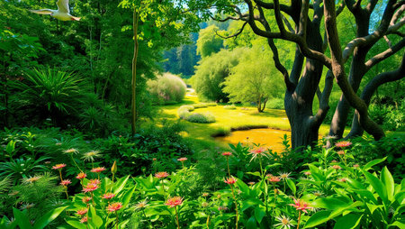Beautiful spring garden with pond and green trees. Nature background.の写真素材
