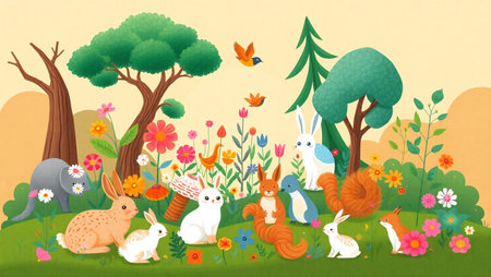 Vector illustration of cute rabbits in the garden with flowers and butterflies.の写真素材