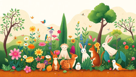 Happy easter background with spring flowers and animals. Vector illustration.の写真素材