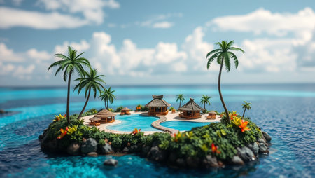 Tropical island with palm trees and bungalows. 3d renderの写真素材