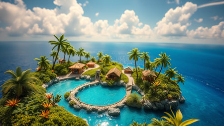 Tropical island with palm trees and bungalows. 3d renderの写真素材