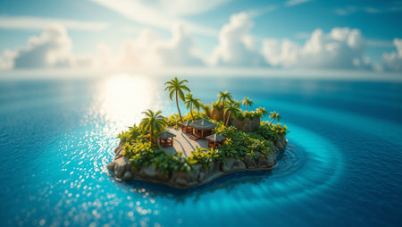 Small island with palm trees on the water surface. 3d renderの写真素材