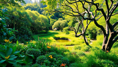 Beautiful green garden with pond, trees and flowers in summer.の写真素材