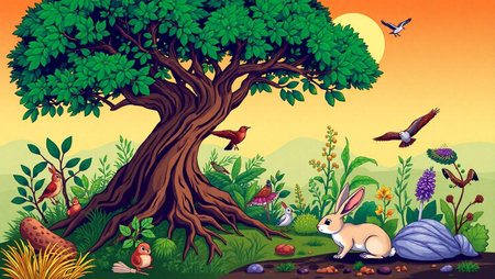 Vector illustration of a forest landscape with a tree and a hareの写真素材