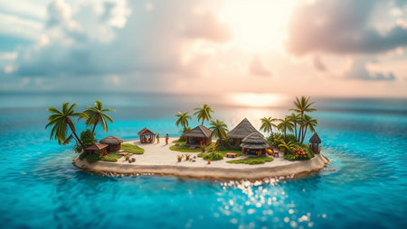 Small island with palm trees and bungalows at sunset. 3d illustration