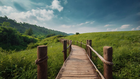 Wooden walkway on green meadow and blue sky background.