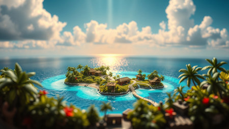 Small island with palm trees and houses on the water. 3d renderの写真素材
