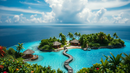 Tropical island with water bungalows and palm trees.の写真素材
