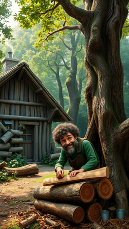 Lumberjack sitting on a log in front of a wooden house.の写真素材