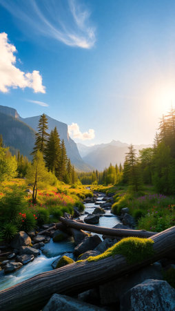 Beautiful spring landscape with mountain river and colorful flowers in sunlight.の写真素材