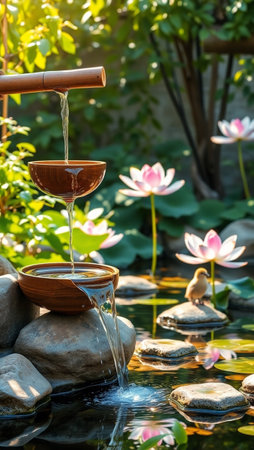 Pouring water into wooden bowl with lotus flower in the gardenの写真素材