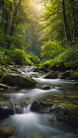 Beautiful landscape with a mountain river flowing through a green forest.