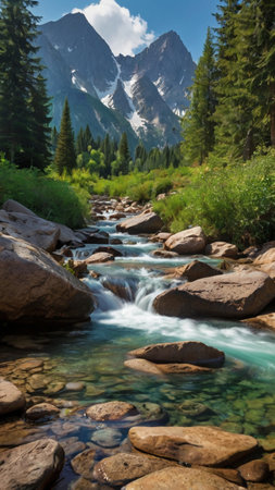 Mountain stream in the mountains of Kyrgyzstan, Central Asiaの写真素材