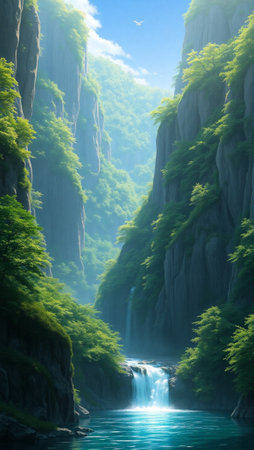 Mountain landscape with a waterfall in the forest.の写真素材