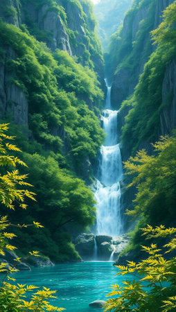 Mountain landscape with clear water and waterfall, natural scenery background.の写真素材