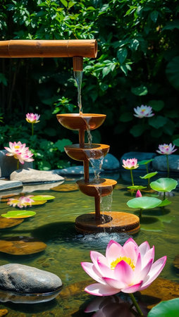 Water fountain with lotus flower in garden at summer, Thailand.