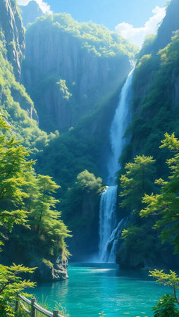 Waterfall in the green forest. Waterfall in the mountains.の写真素材