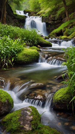 Waterfall in the forest. Beautiful waterfall in the forest. Mountain stream.の写真素材
