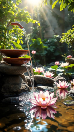 Water fall into a pot with pink lotus flower in the gardenの写真素材