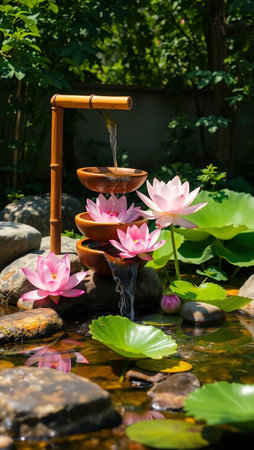 Beautiful Pink lotus flower in the pond with wooden water pump