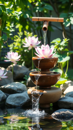 Water fountain and lotus flower in the garden for relax time.