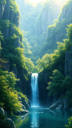 Mountain landscape with a waterfall in the forest.の写真素材